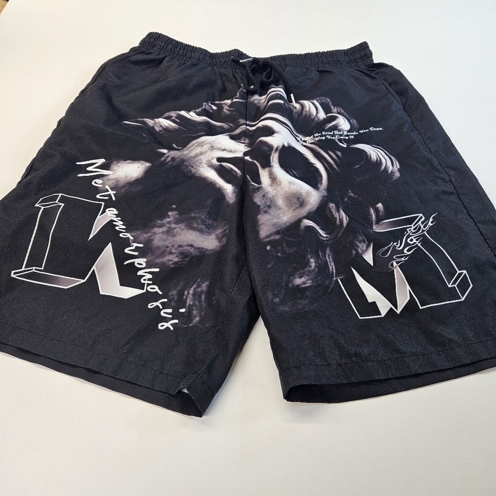 Romwe Raccolta Carta Mens Medium Active Shorts Black Street Life Drawstring